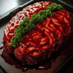 Realistic Halloween Brain Meatloaf glazed with red sauce and garnished with parsley, shaped to look like a human brain.