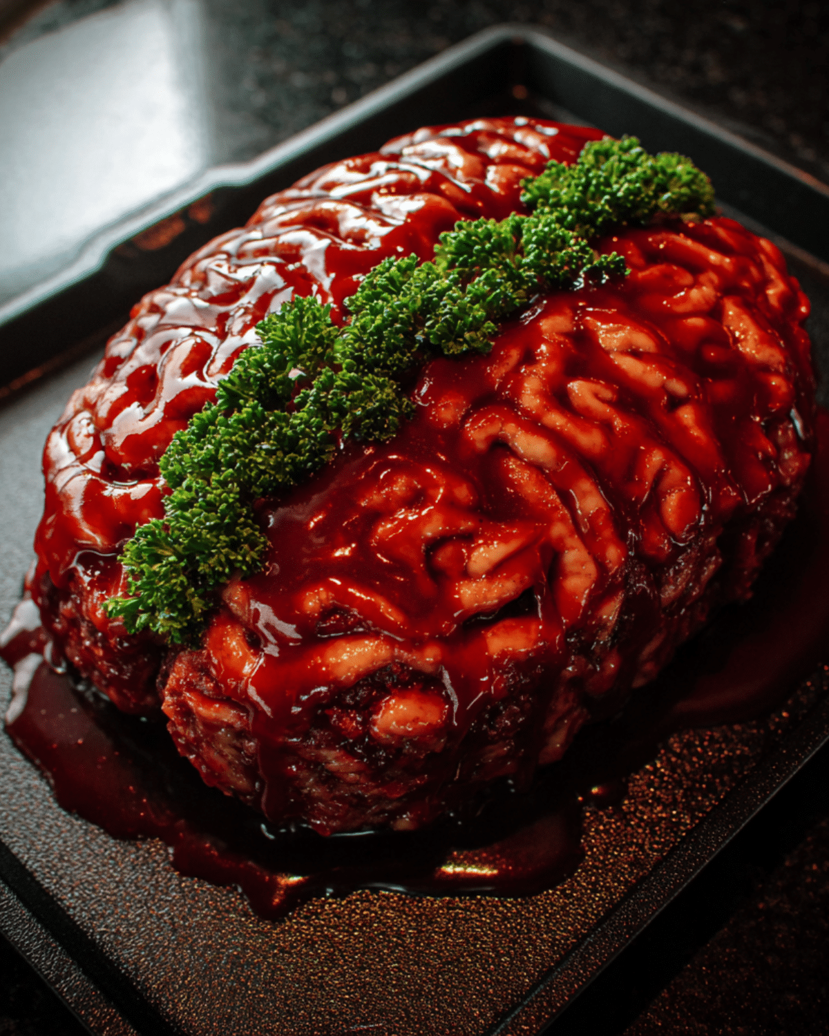 Realistic Halloween Brain Meatloaf glazed with red sauce and garnished with parsley, shaped to look like a human brain.