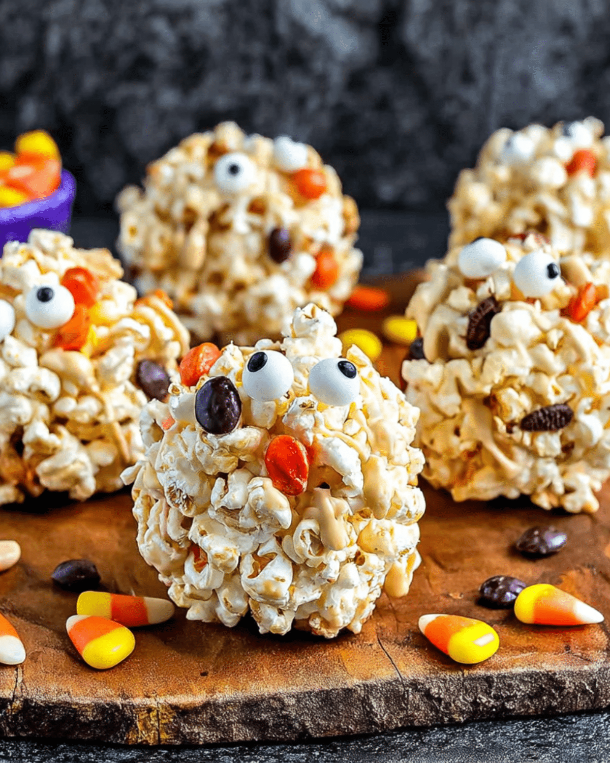 Festive Halloween Popcorn Balls decorated with candy eyes, candy corn, and colorful candies, displayed on a wooden board.