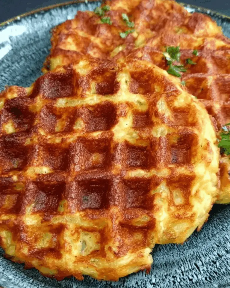 Crispy golden hashbrown waffles served on a blue ceramic plate, garnished with fresh parsley.