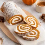 Homemade pumpkin rolls with cream cheese filling, sliced and served on a white platter with pumpkins in the background.