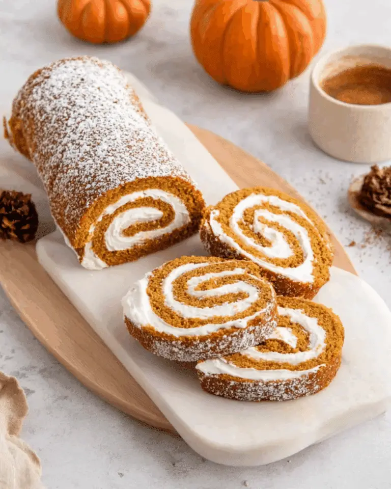 Homemade pumpkin rolls with cream cheese filling, sliced and served on a white platter with pumpkins in the background.