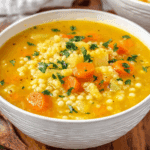 Bowl of Italian Penicillin Soup with carrots, potatoes, celery, and acini di pepe pasta