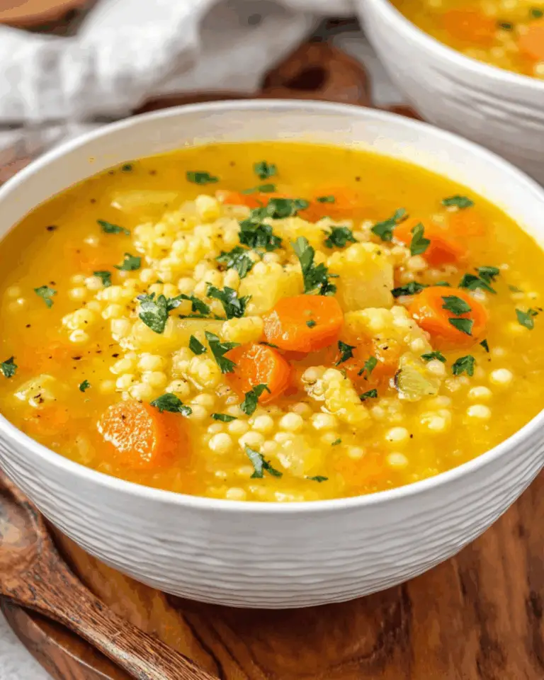 Bowl of Italian Penicillin Soup with carrots, potatoes, celery, and acini di pepe pasta