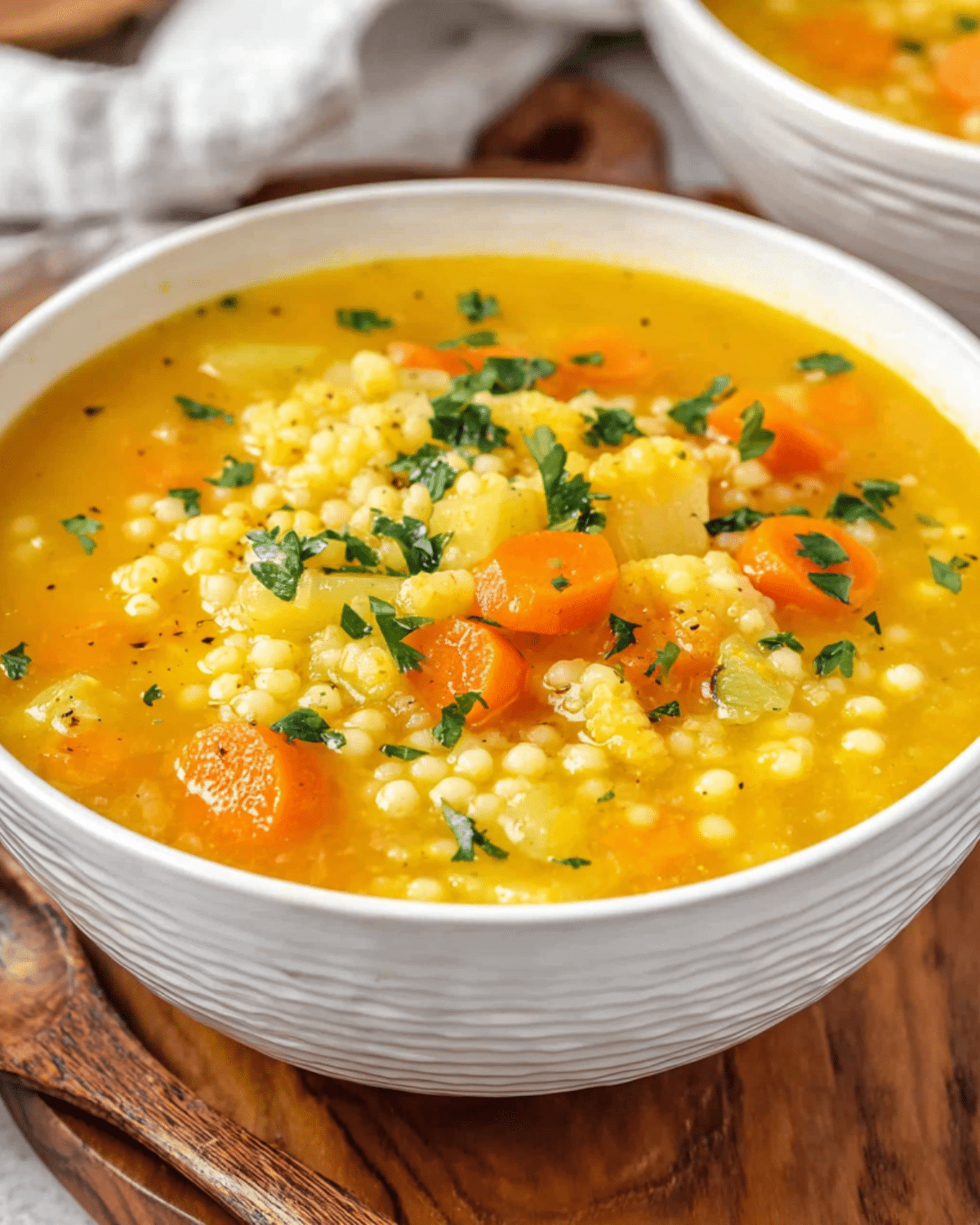 Bowl of Italian Penicillin Soup with carrots, potatoes, celery, and acini di pepe pasta