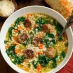 Bowl of Italian Wedding Soup with meatballs, spinach, carrots, celery, and acini di pepe pasta, served with grated cheese and crusty bread.