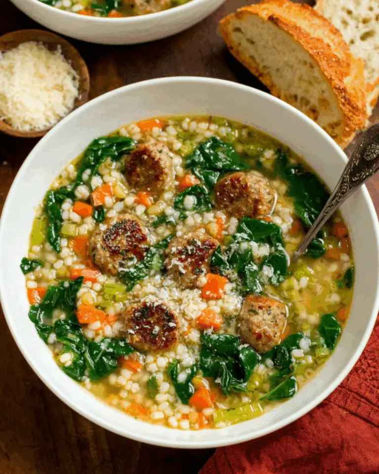 Bowl of Italian Wedding Soup with meatballs, spinach, carrots, celery, and acini di pepe pasta, served with grated cheese and crusty bread.