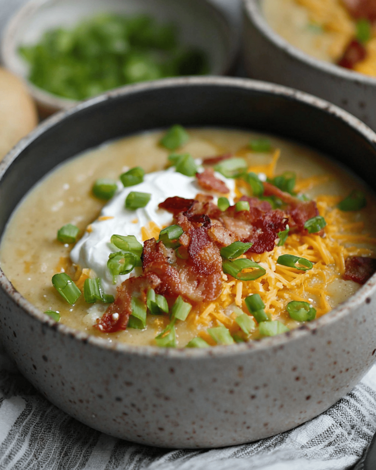Loaded baked potato soup in a speckled ceramic bowl, topped with crispy bacon, shredded cheddar cheese, sour cream, and chopped green onions.