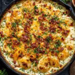 Loaded scalloped potatoes baked in a cast iron skillet, topped with crispy bacon, melted cheese, and fresh chopped chives.