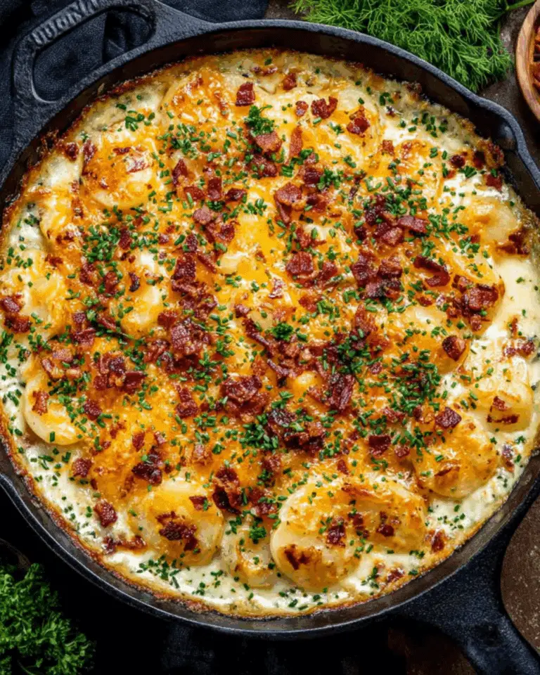 Loaded scalloped potatoes baked in a cast iron skillet, topped with crispy bacon, melted cheese, and fresh chopped chives.