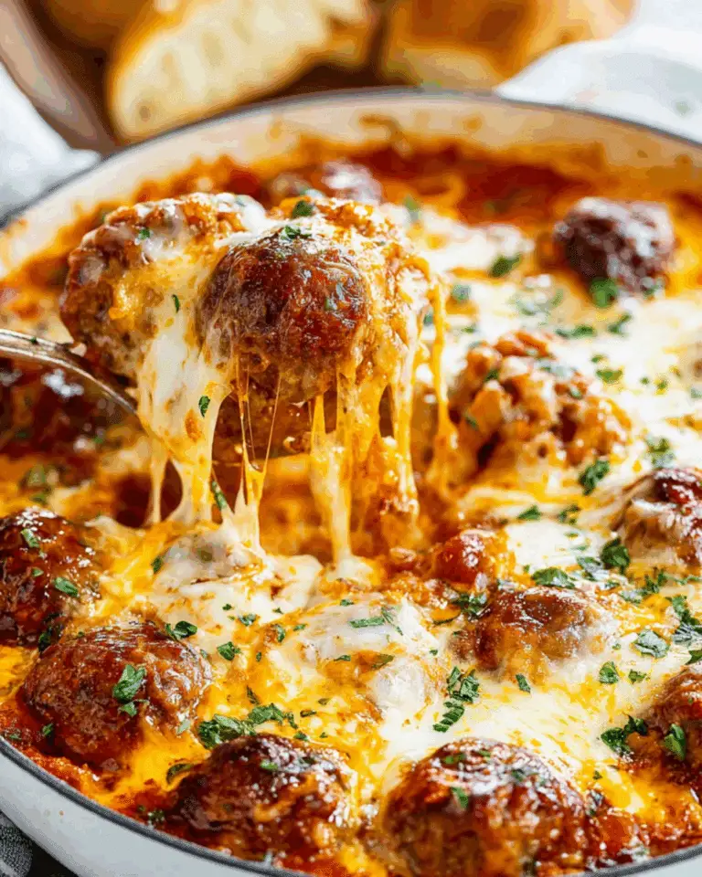 Cheesy meatball casserole fresh out of the oven, with melted mozzarella and marinara sauce, garnished with herbs.
