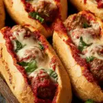 Freshly baked meatball subs loaded with marinara sauce, melted cheese, and fresh basil in toasted hoagie rolls.
