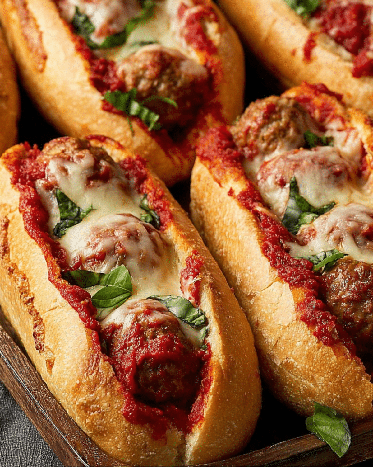 Freshly baked meatball subs loaded with marinara sauce, melted cheese, and fresh basil in toasted hoagie rolls.
