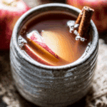 Close-up of a ceramic mug filled with maple apple cider, garnished with apple slices and cinnamon sticks.