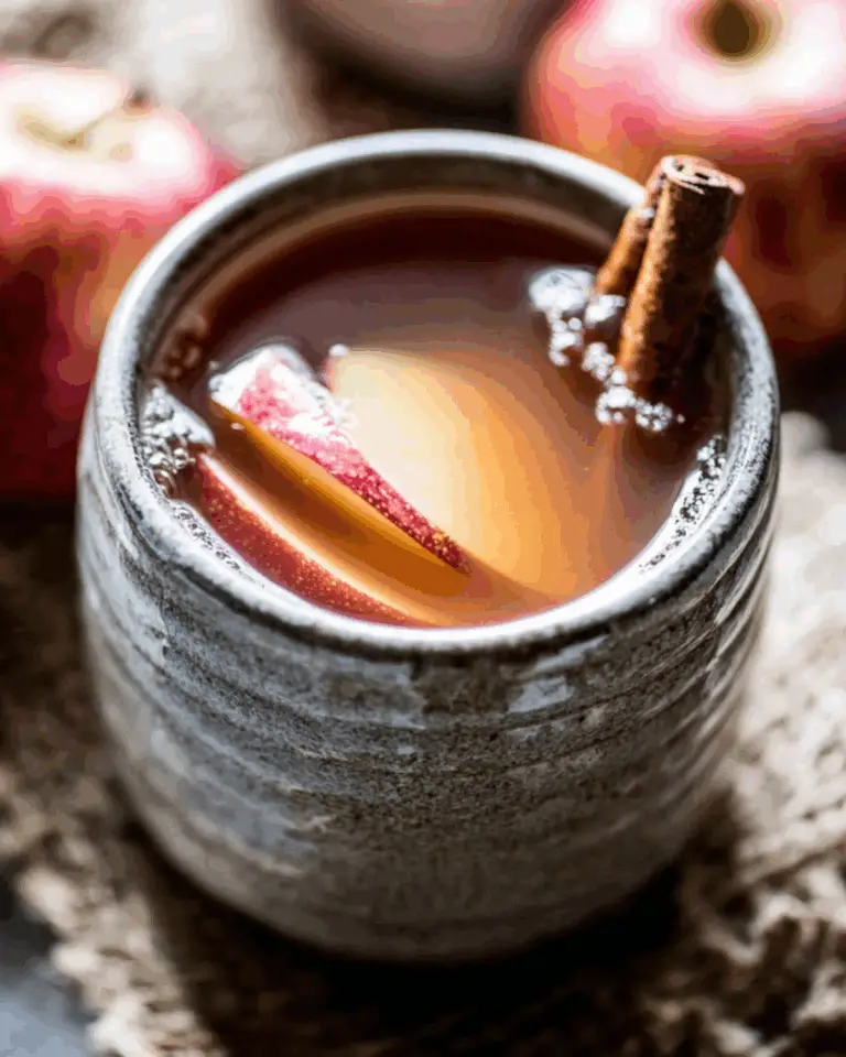 Close-up of a ceramic mug filled with maple apple cider, garnished with apple slices and cinnamon sticks.