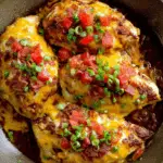 Skillet filled with Monterey Chicken topped with melted cheese, diced tomatoes, green onions, and crispy bacon.