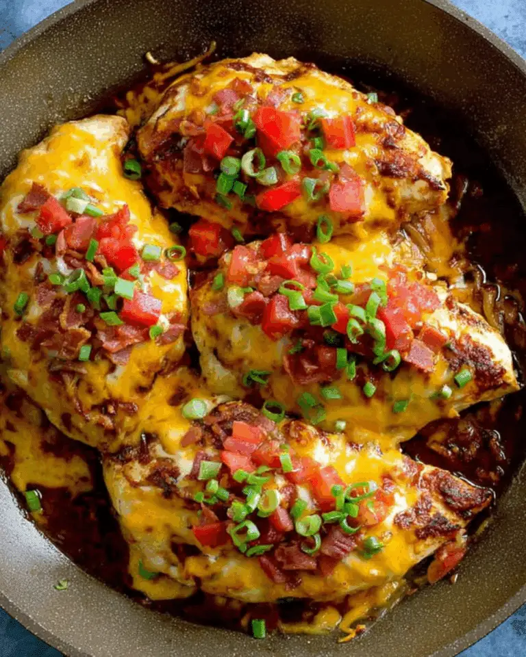 Skillet filled with Monterey Chicken topped with melted cheese, diced tomatoes, green onions, and crispy bacon.