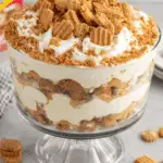Glass trifle dish filled with layers of Nutter Butter trifle, including crushed cookies, creamy pudding, and whipped topping.