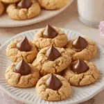 A plate of freshly baked peanut butter kiss cookies topped with chocolate Hershey's Kisses, with a glass of milk in the background.