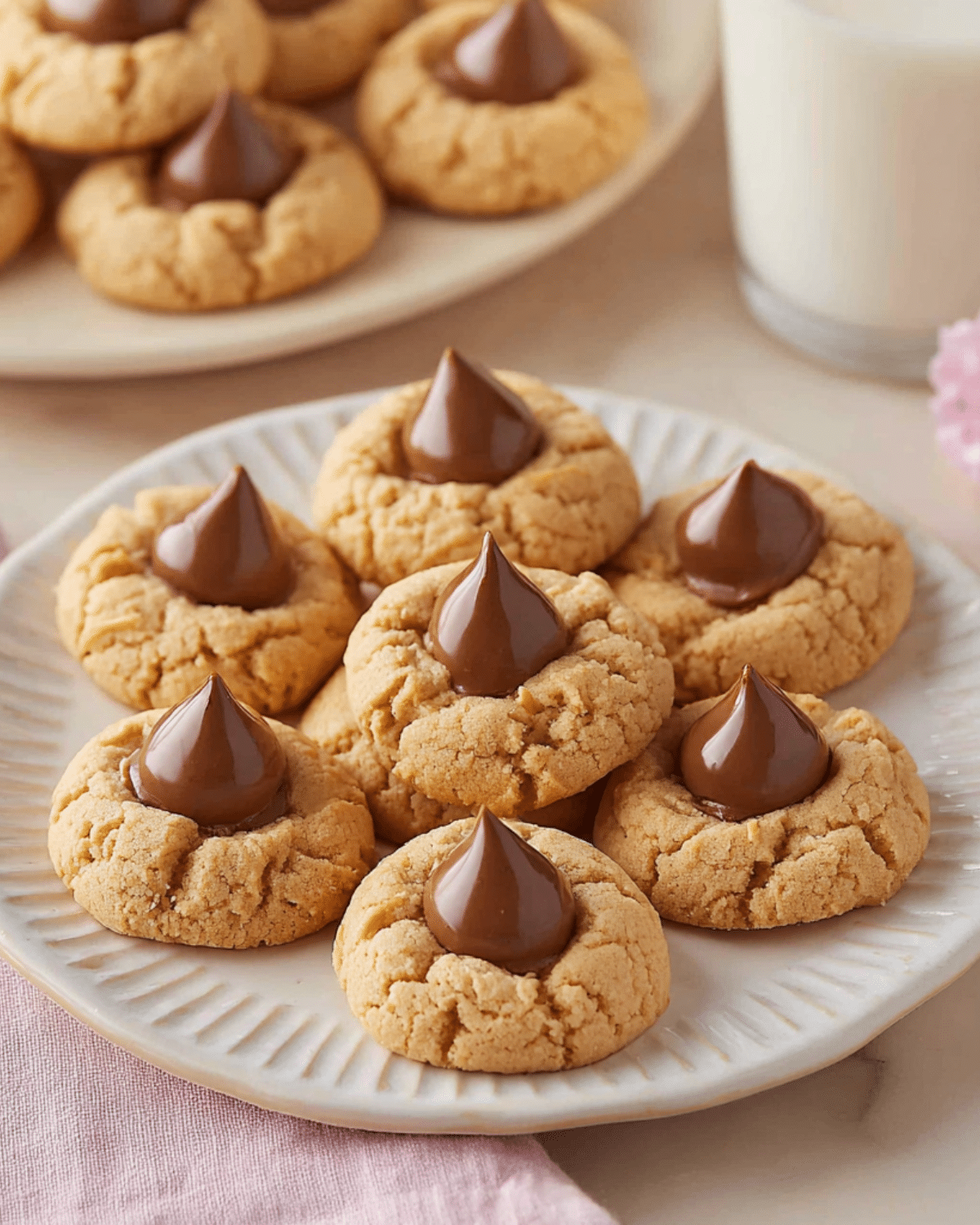 A plate of freshly baked peanut butter kiss cookies topped with chocolate Hershey's Kisses, with a glass of milk in the background.