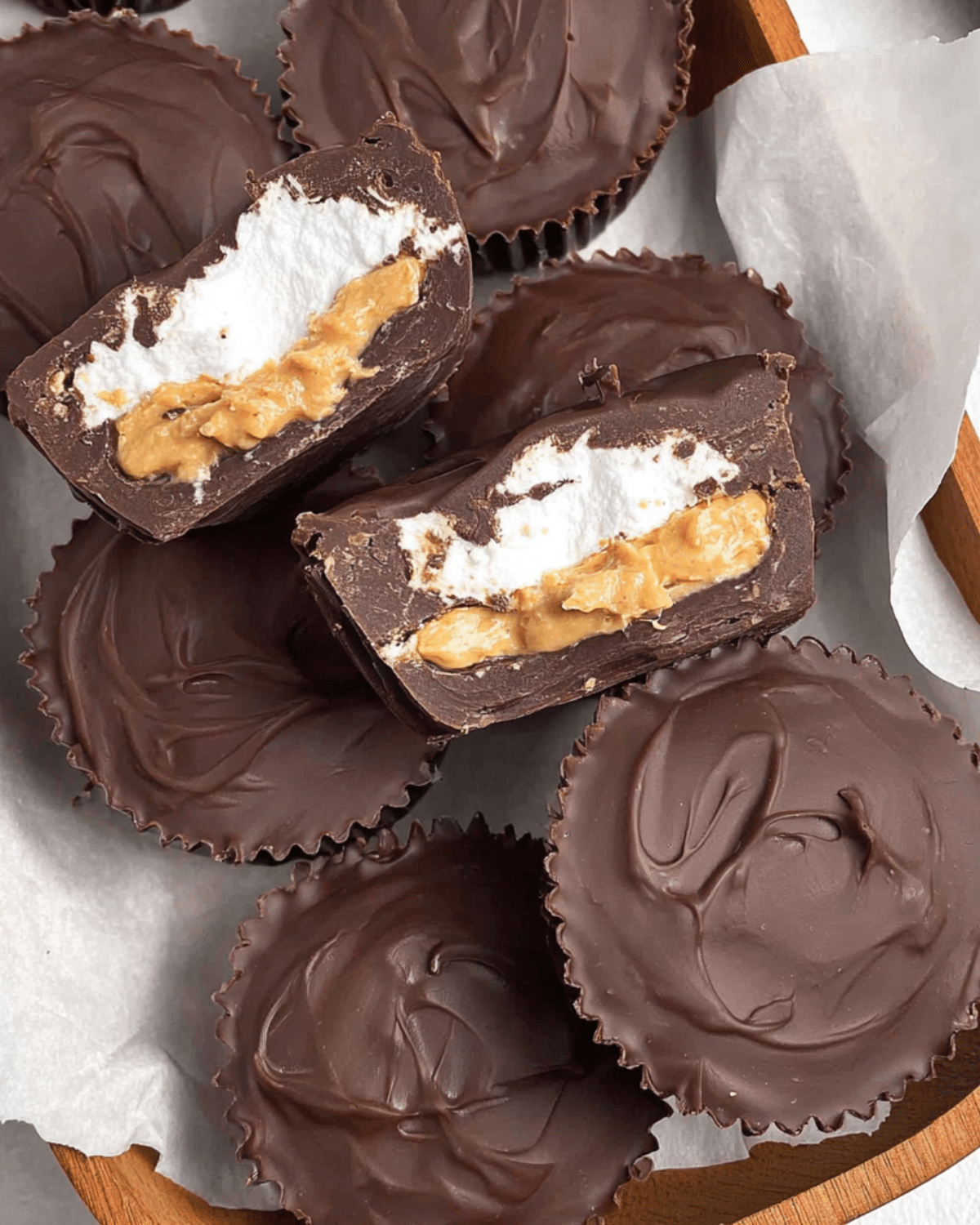 Rich Peanut Butter Marshmallow Cups with a chocolate shell, filled with creamy peanut butter and fluffy marshmallow.