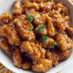 Bowl of crispy Panda Express Orange Chicken coated in a glossy orange sauce and garnished with fresh parsley.