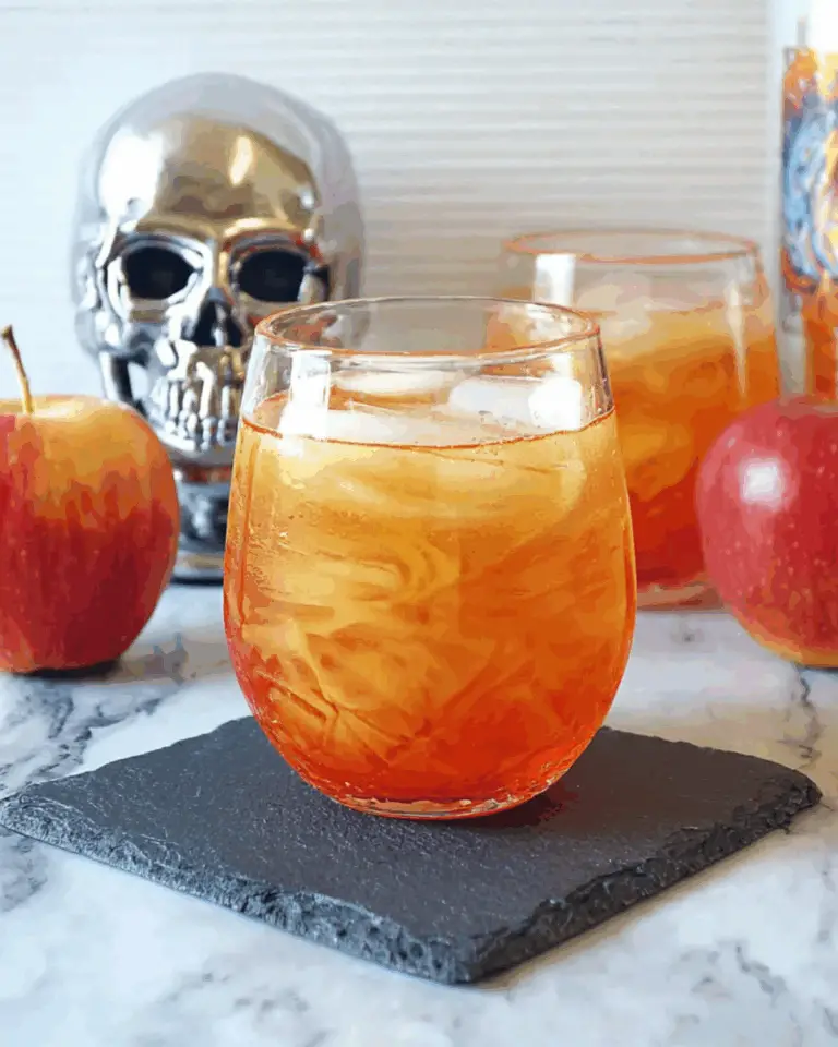 Chilled glass of Poisoned Apple Cider with ice, surrounded by red apples and Halloween-themed decor, including a silver skull.