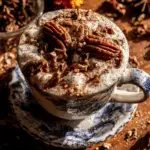 A vintage-style cup filled with pumpkin spice pecan latte, topped with frothy cream, whole pecans, and a dusting of spices.
