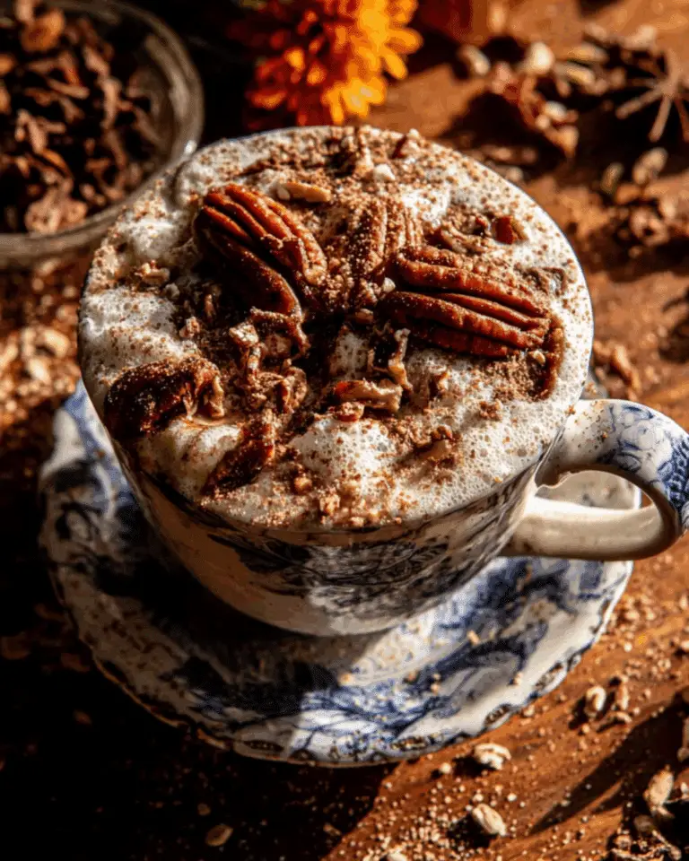 A vintage-style cup filled with pumpkin spice pecan latte, topped with frothy cream, whole pecans, and a dusting of spices.