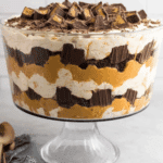 Layered Reese's Peanut Butter Trifle with whipped cream, chocolate cake, peanut butter filling, and chopped Reese's cups.