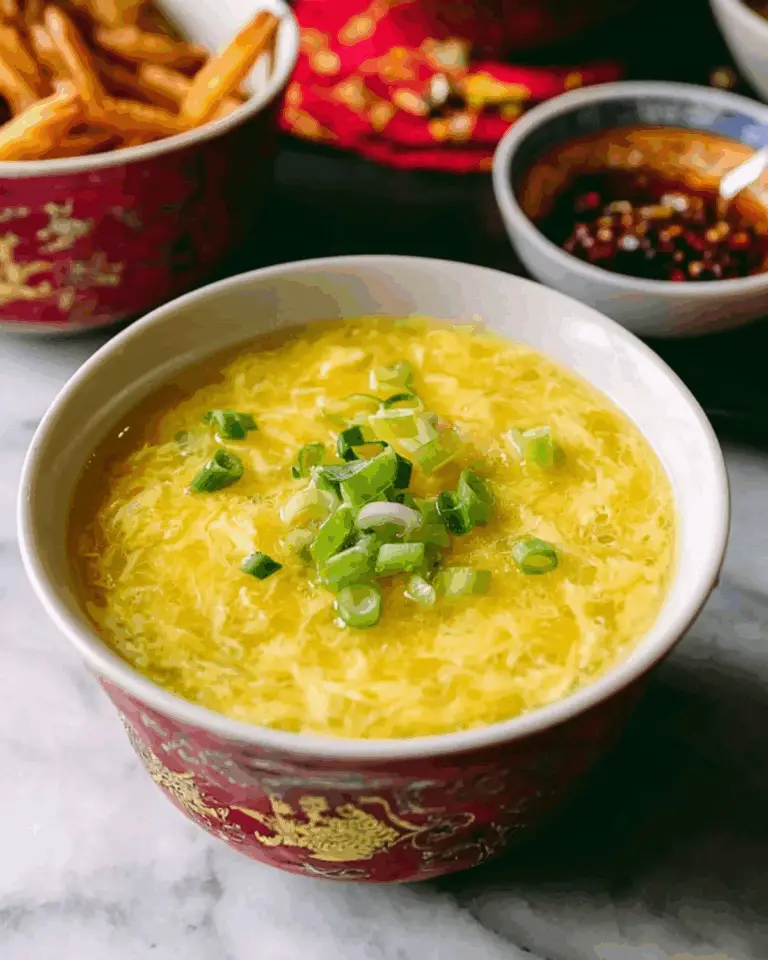 Bowl of restaurant-style egg drop soup topped with chopped green onions