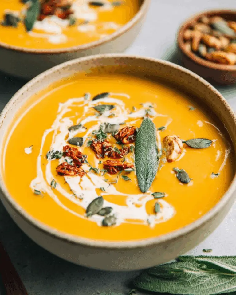Bowl of roasted butternut squash soup garnished with cream, sage, pumpkin seeds, and sun-dried tomatoes.