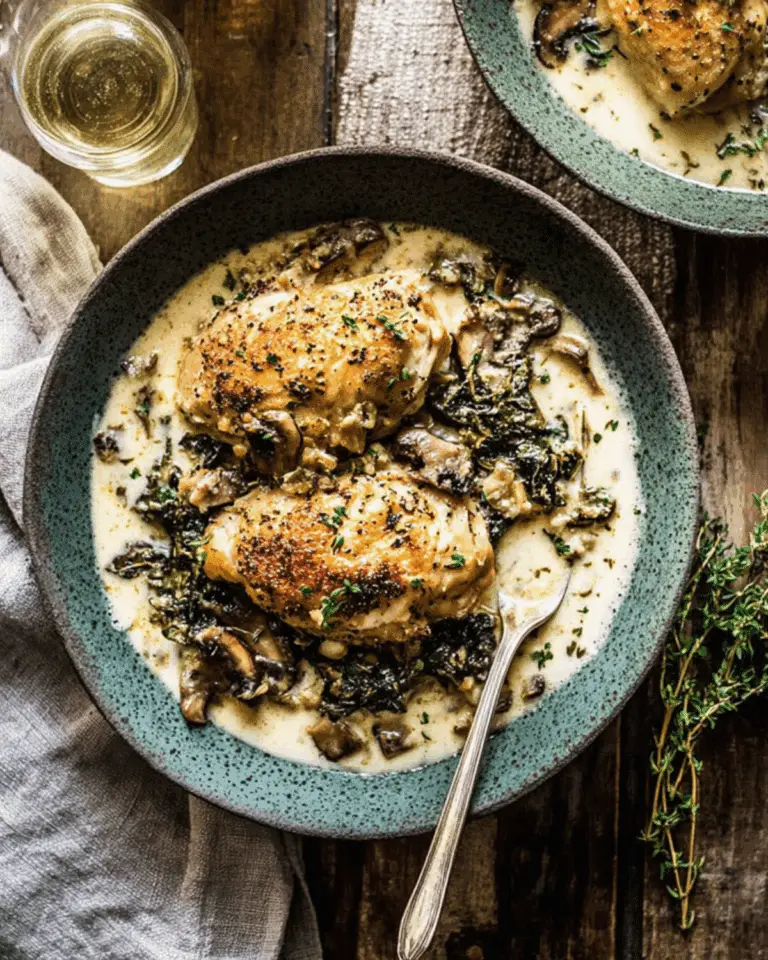 Slow cooker French wine and mustard chicken served in a rustic bowl with creamy sauce, sautéed mushrooms, and herbs.