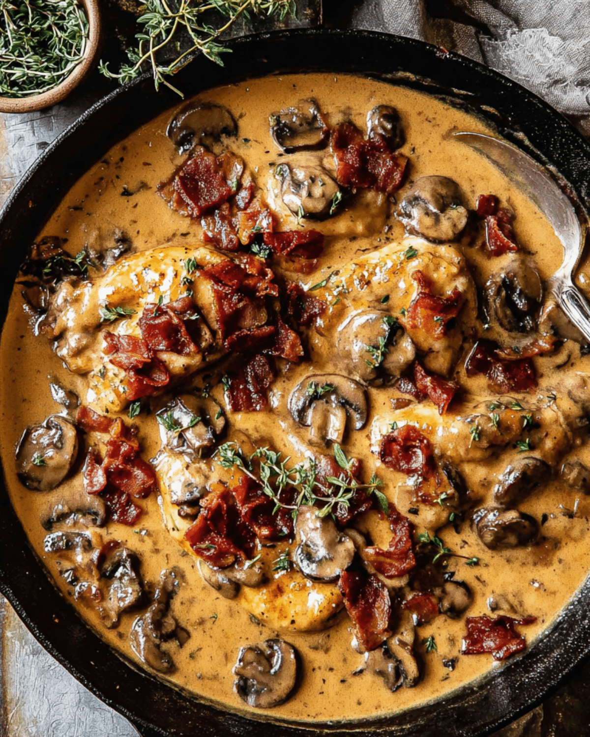 A skillet filled with smothered chicken in mushroom wine sauce, topped with crispy bacon and fresh thyme sprigs.