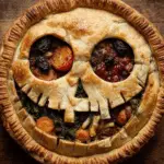 Spooky Halloween Dinner Pot Pie with a golden crust carved into a creepy smiling face, filled with vegetables and sauce.