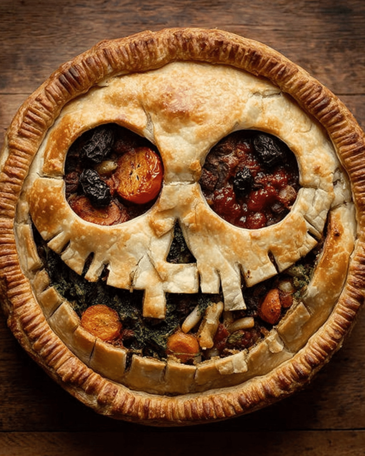 Spooky Halloween Dinner Pot Pie with a golden crust carved into a creepy smiling face, filled with vegetables and sauce.