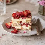 A slice of strawberry tiramisu layered with mascarpone cream, ladyfingers, and fresh strawberries, served on a ceramic plate with a fork.