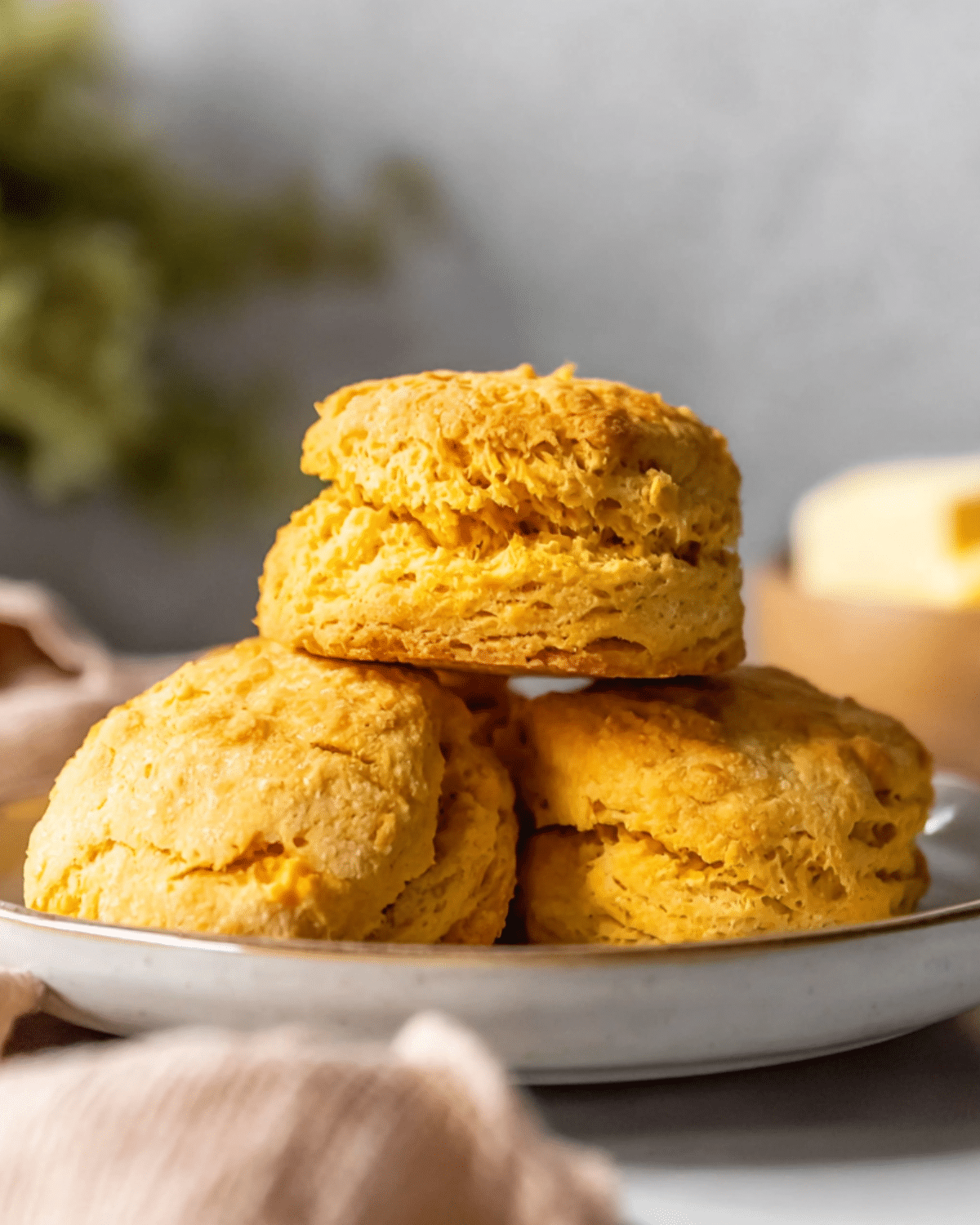 Fluffy sweet potato biscuits stacked on a white plate, with a soft golden-brown crust.