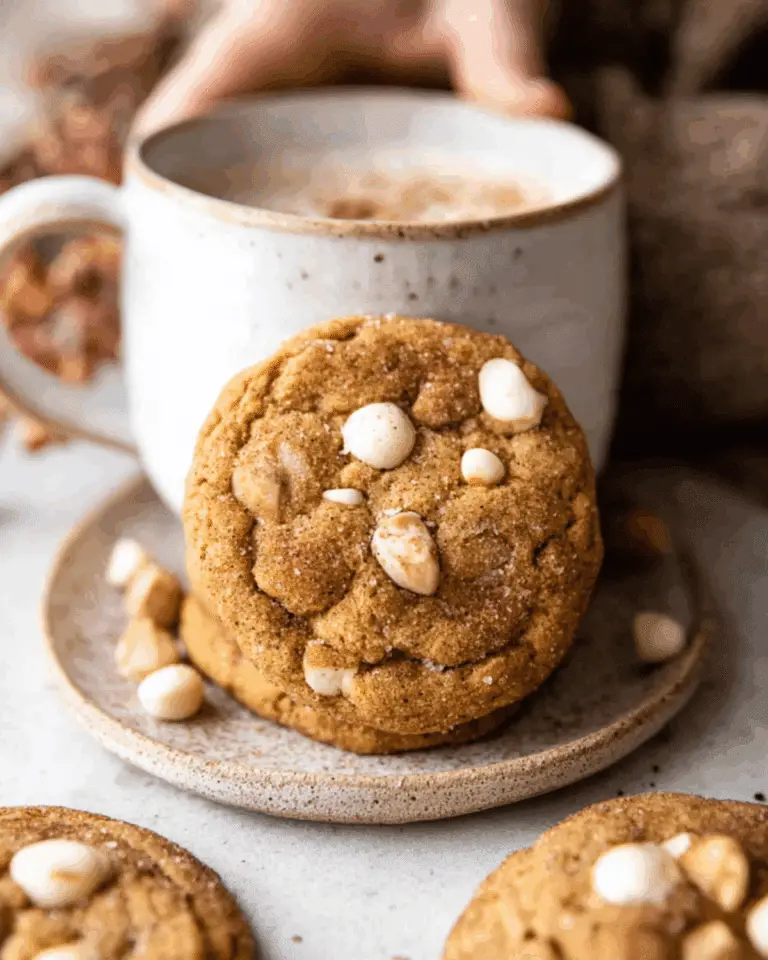White chocolate chai pumpkin snickerdoodle cookie leaning against a ceramic mug filled with a frothy drink.