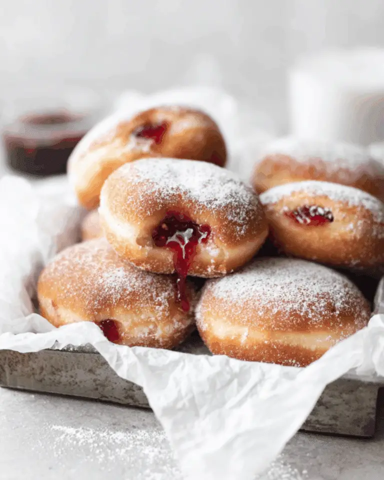 Tray of homemade jelly donuts dusted with powdered sugar, filled with raspberry jelly.