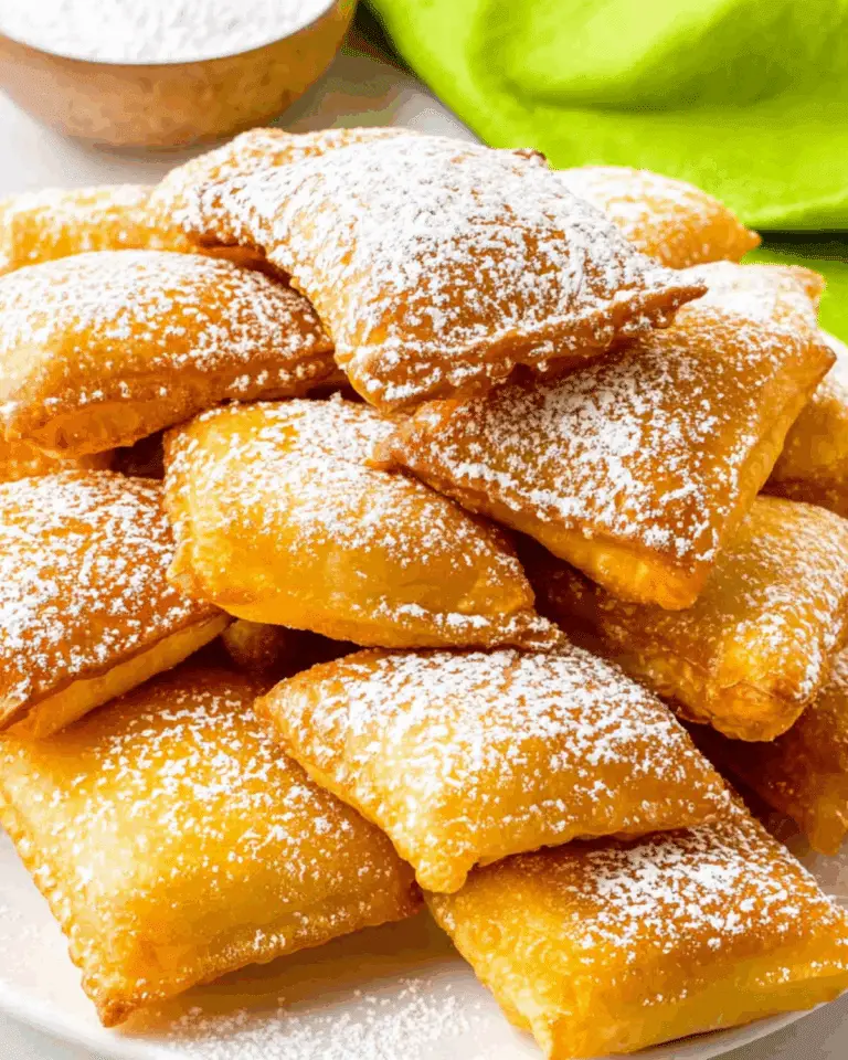 A stack of golden, irresistible sopapillas dusted with powdered sugar on a white plate with a green cloth in the background.
