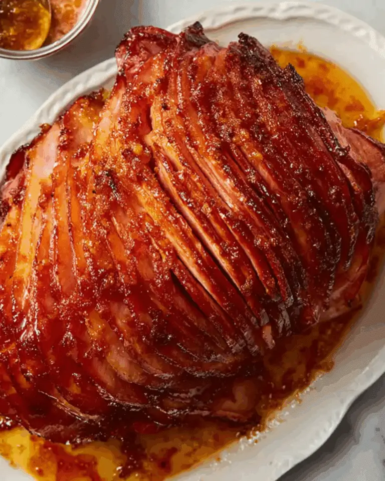 Spiral-sliced brown sugar glazed ham on a white serving platter with caramelized glaze.