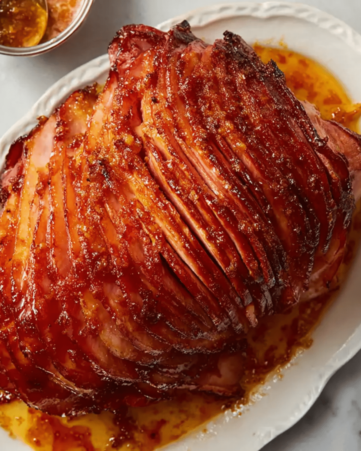 Spiral-sliced brown sugar glazed ham on a white serving platter with caramelized glaze.