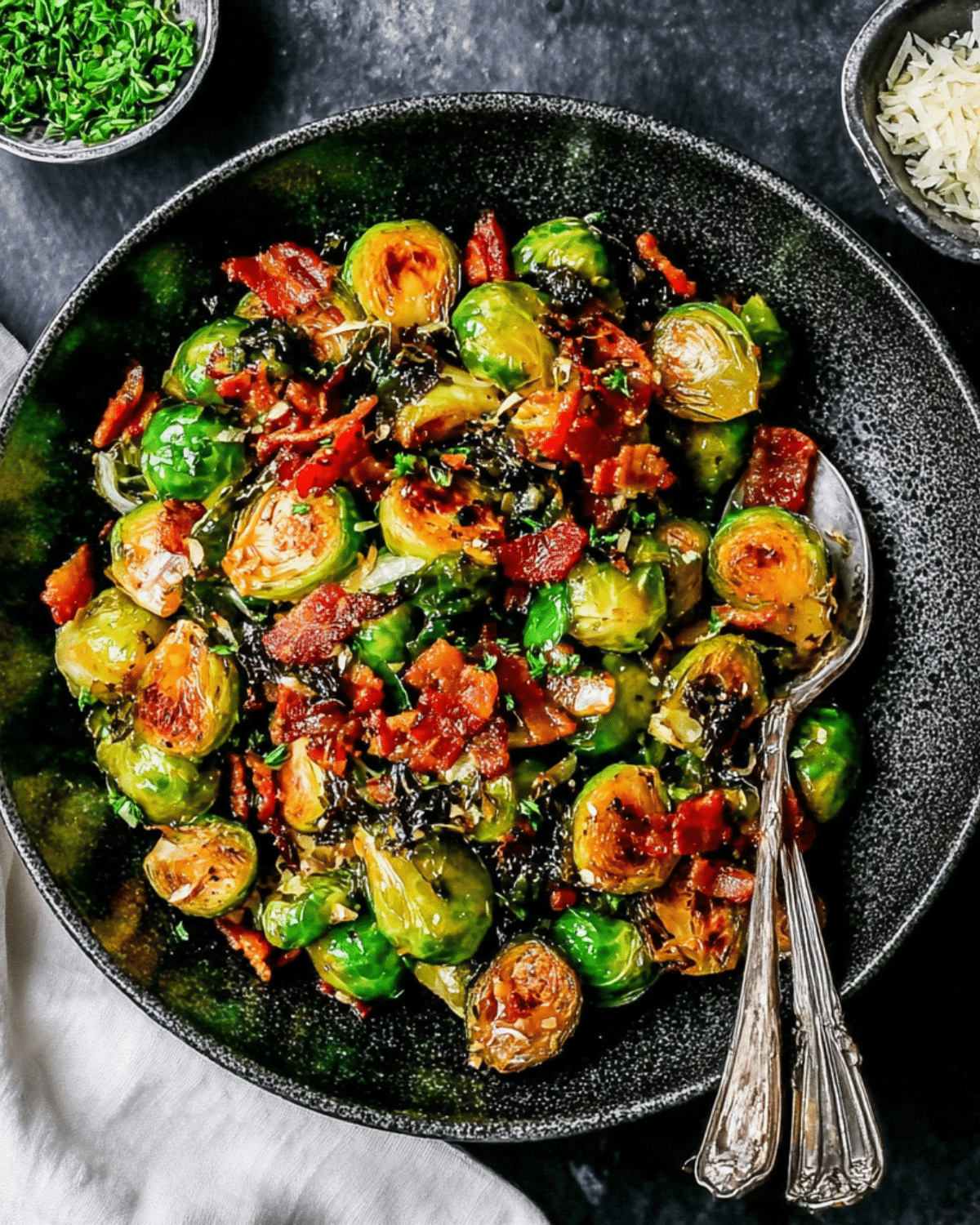 A bowl of roasted Brussels sprouts with crispy bacon pieces, garnished with herbs and served with a spoon.