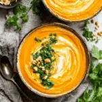 Bowls of creamy Carrot Ginger Soup garnished with fresh herbs and chopped peanuts.