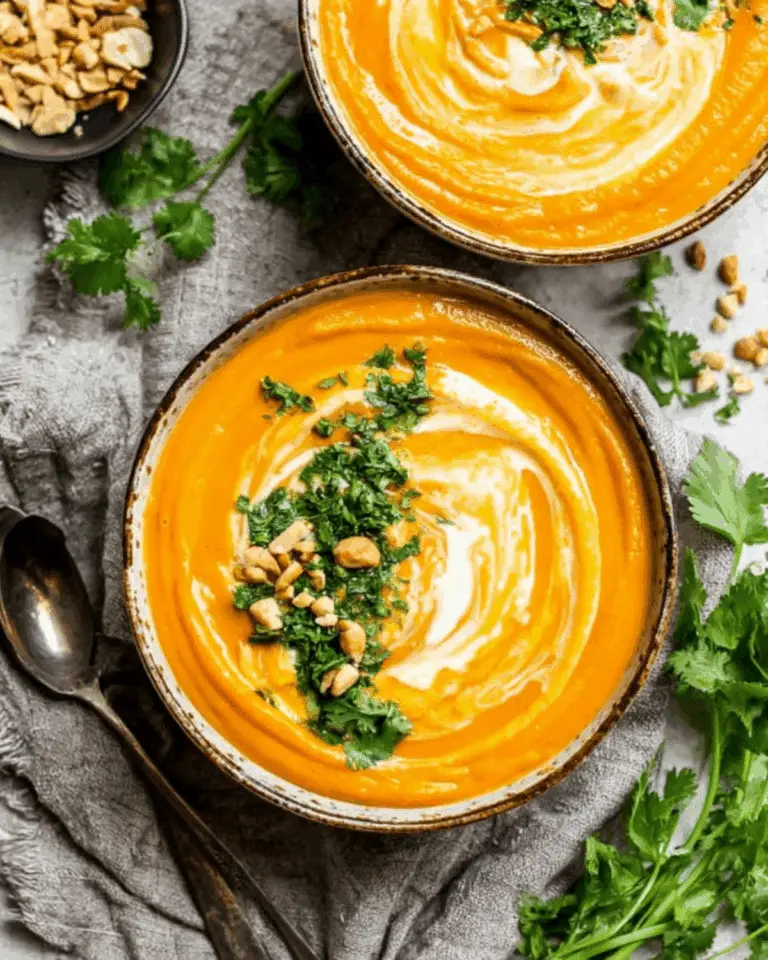 Bowls of creamy Carrot Ginger Soup garnished with fresh herbs and chopped peanuts.