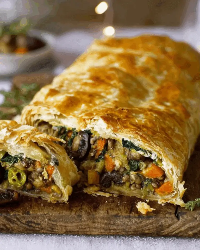 Chestnut, Spinach & Blue Cheese en Croûte with golden puff pastry, sliced open to reveal a hearty filling of vegetables, chestnuts, and cheese.
