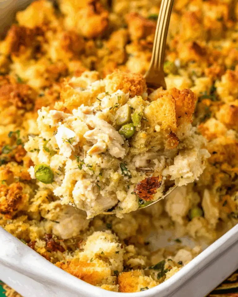 Spoonful of chicken and stuffing casserole lifted from a golden-baked dish.