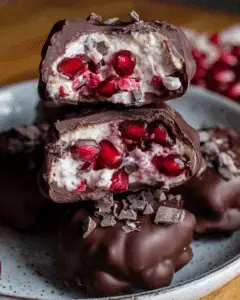 Chocolate Covered Pomegranate Yogurt Clusters stacked on a plate with visible pomegranate seeds and yogurt filling.