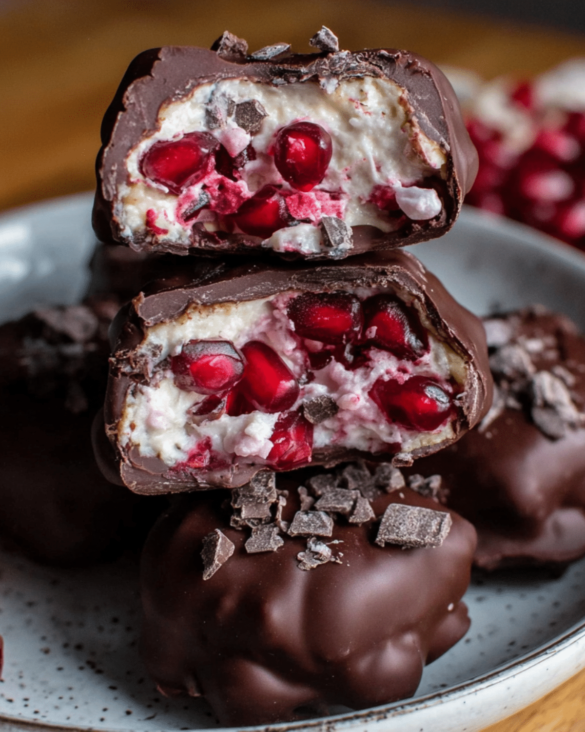 Chocolate Covered Pomegranate Yogurt Clusters stacked on a plate with visible pomegranate seeds and yogurt filling.